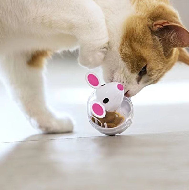 Grey interactive mouse cat toy with treat dispenser opening for playful felines.