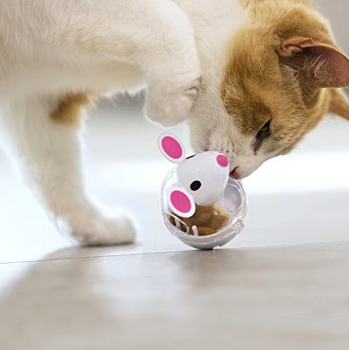Grey interactive mouse cat toy with treat dispenser opening for playful felines.