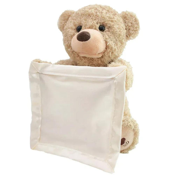 Interactive peek-a-boo bear plush toy for babies and toddlers, a fun sensory learning toy.