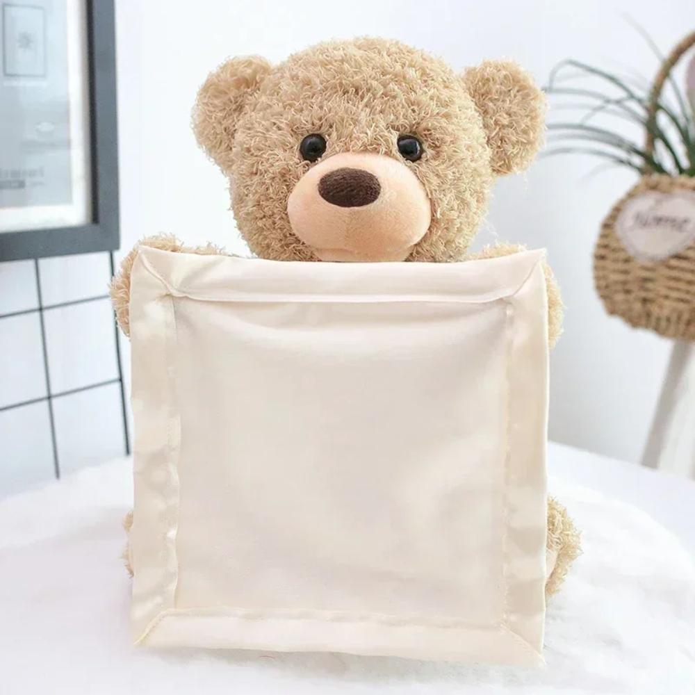 Cute teddy bear plush toy that plays peek-a-boo, perfect for baby's early learning and development.