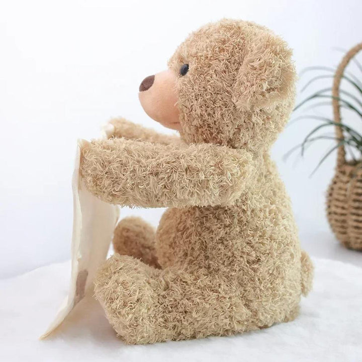 Soft and cuddly peek-a-boo bear, an engaging interactive plush animal for babies and toddlers.