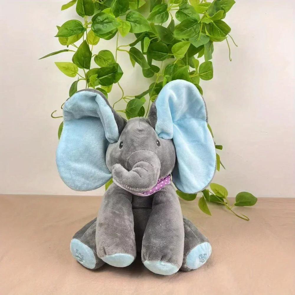 Interactive peek-a-boo elephant plush toy, plays music and talks to kids.