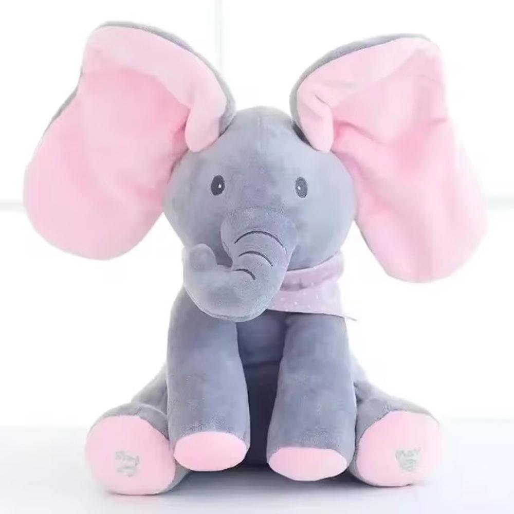 Soft plush elephant toy with peek-a-boo feature, engaging for young children.