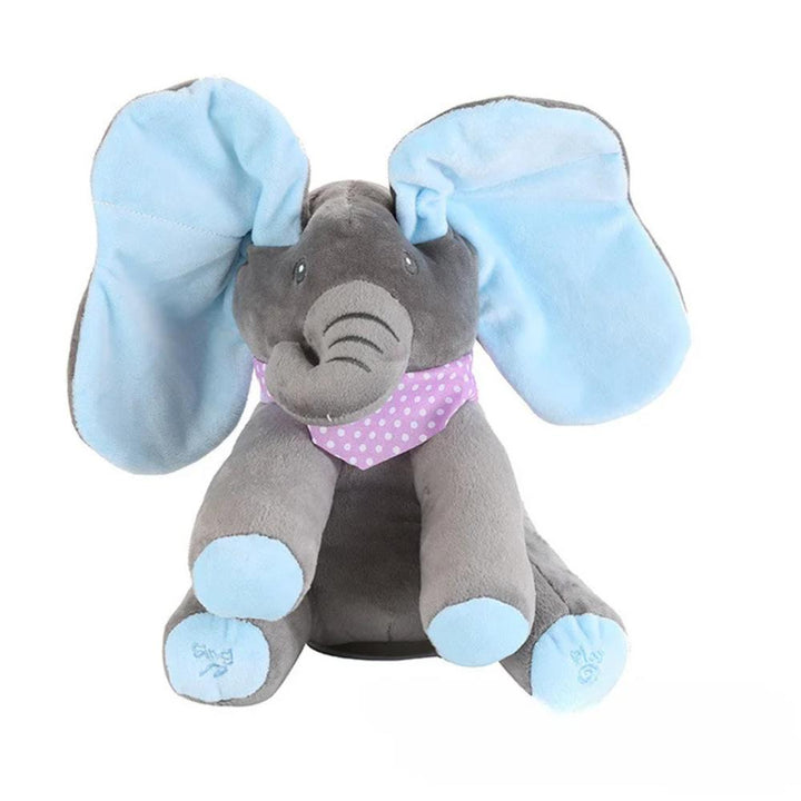 Adorable stuffed elephant with moving ears for peek-a-boo games, great toddler toy.
