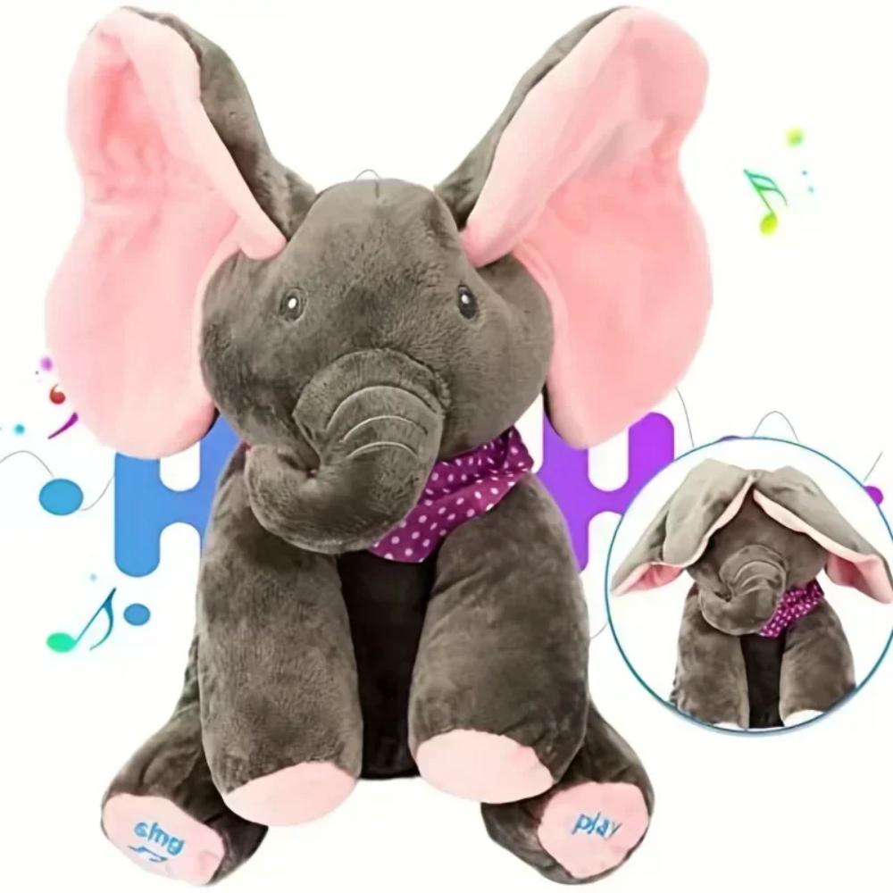 Giftable interactive elephant plush, a fun and cuddly learning toy for babies.