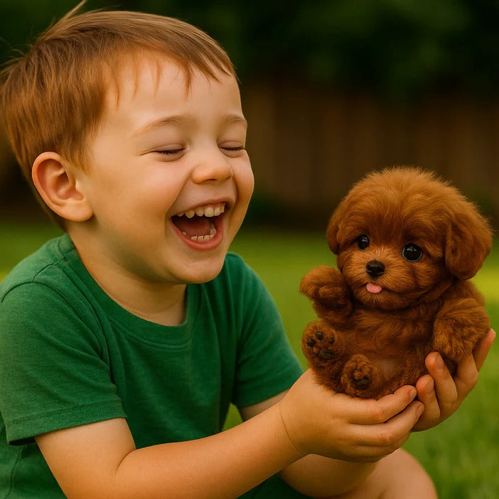 Child playing with a lifelike robotic pet dog, engaging in interactive fun.
