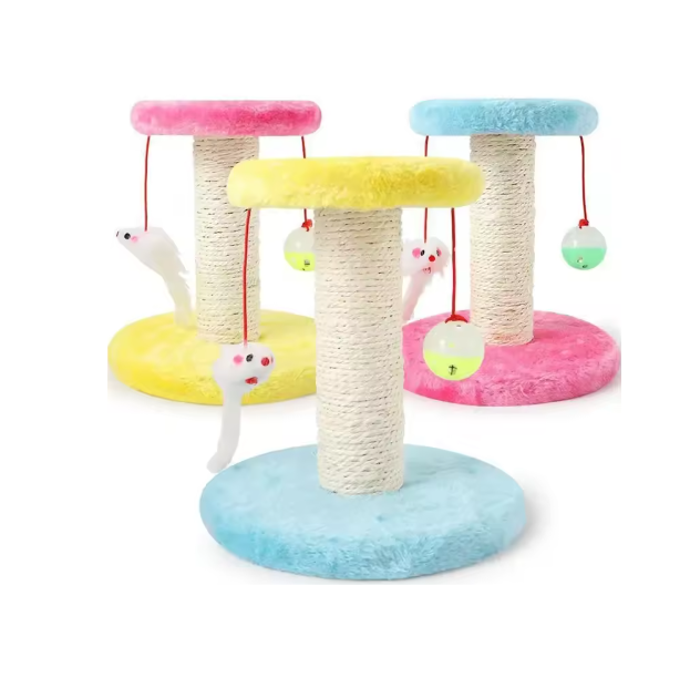 Interactive sisal cat scratching post with ball & mouse toys, vibrant blue, yellow, pink design.
