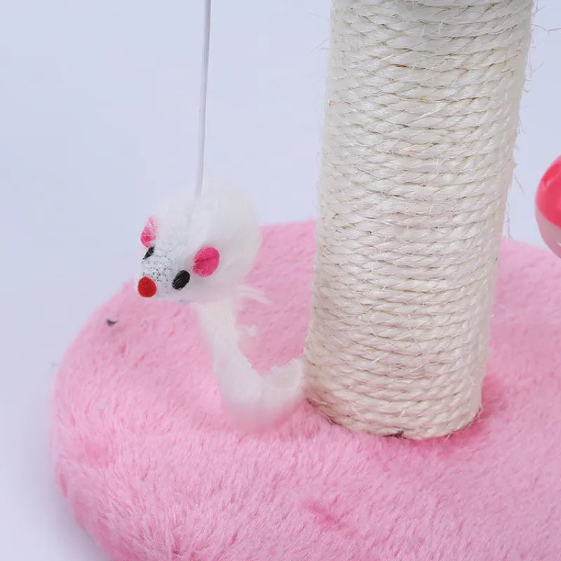 Kitten & cat play: Interactive scratching post with sisal, blue/yellow/pink, built-in ball & mouse toys.