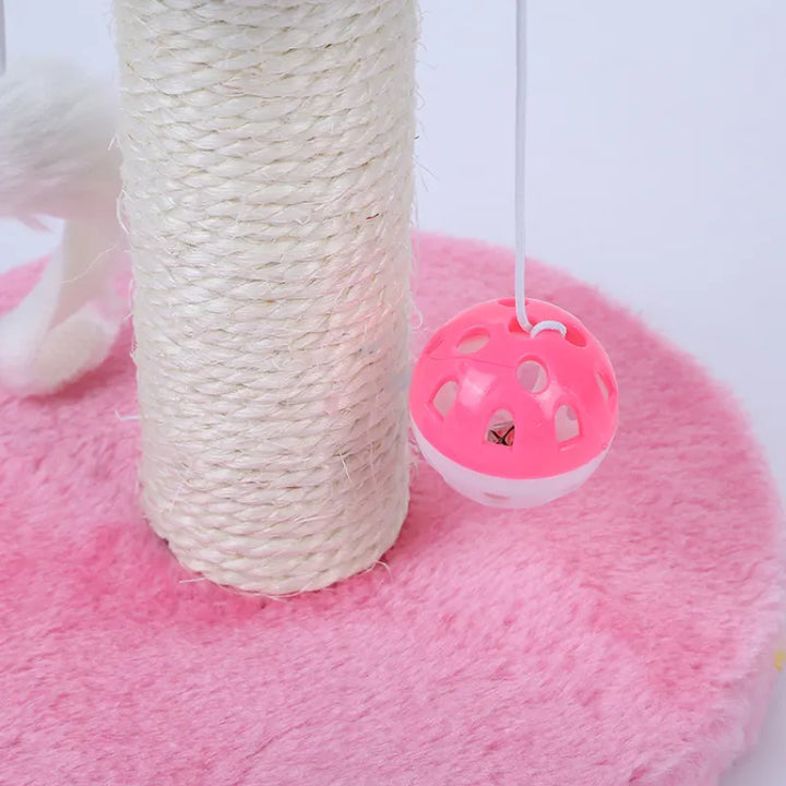 Modern cat furniture: Interactive sisal scratching post with playful ball and mouse attachments for pets.