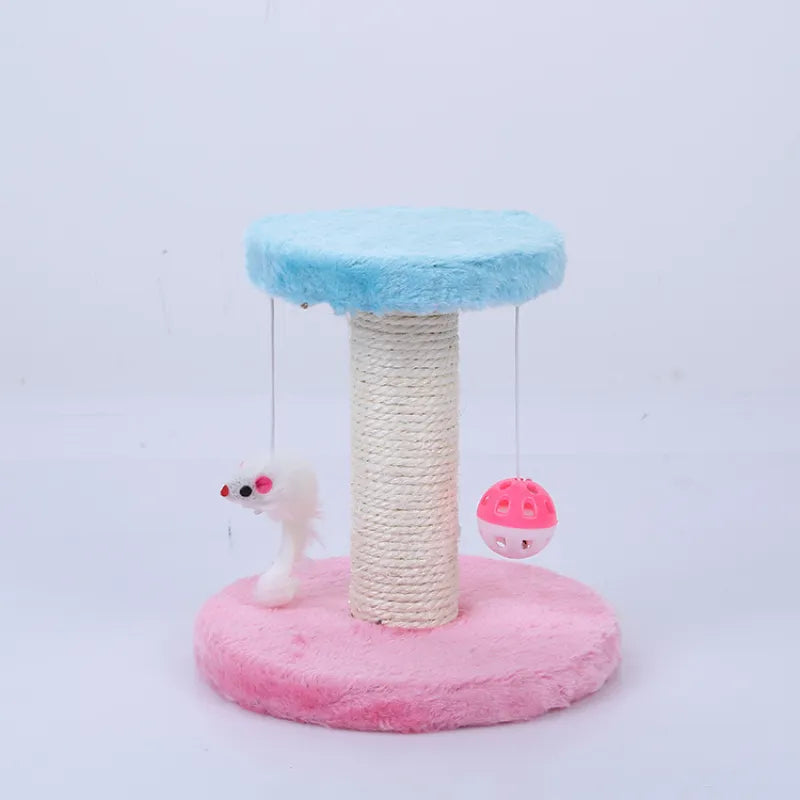 Close-up: Blue, yellow, pink interactive cat scratching post with sisal pole, dangling ball, and mouse toys.
