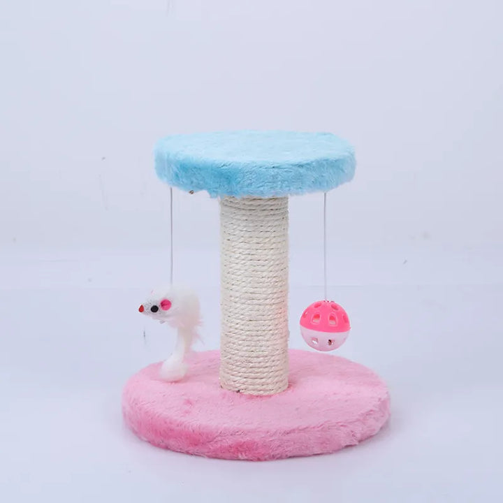 Close-up: Blue, yellow, pink interactive cat scratching post with sisal pole, dangling ball, and mouse toys.