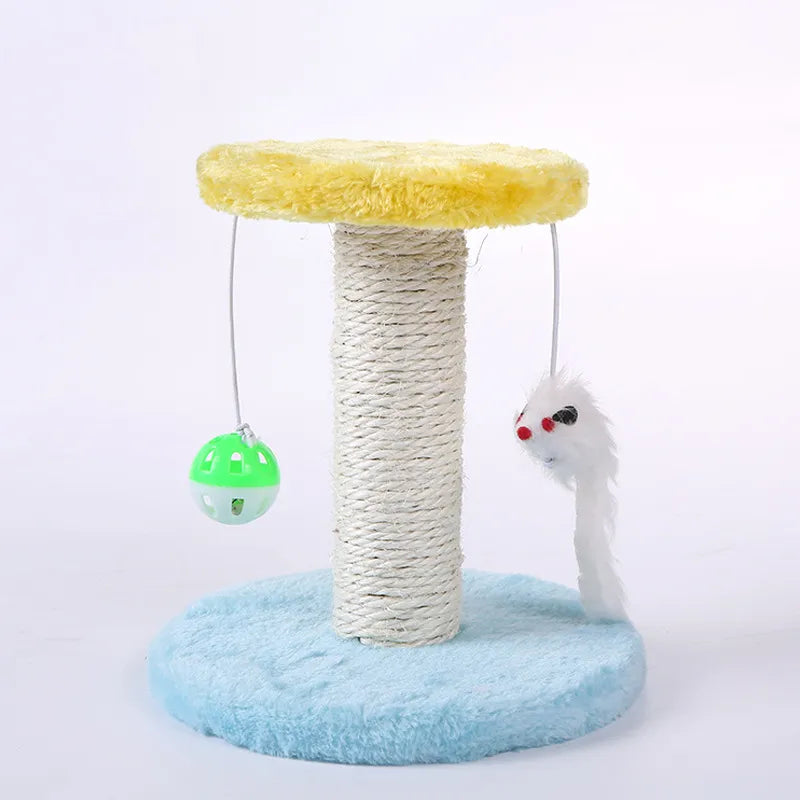 Interactive cat scratching post, sisal-wrapped, with fun ball & mouse toys in blue, yellow, pink for pet play.