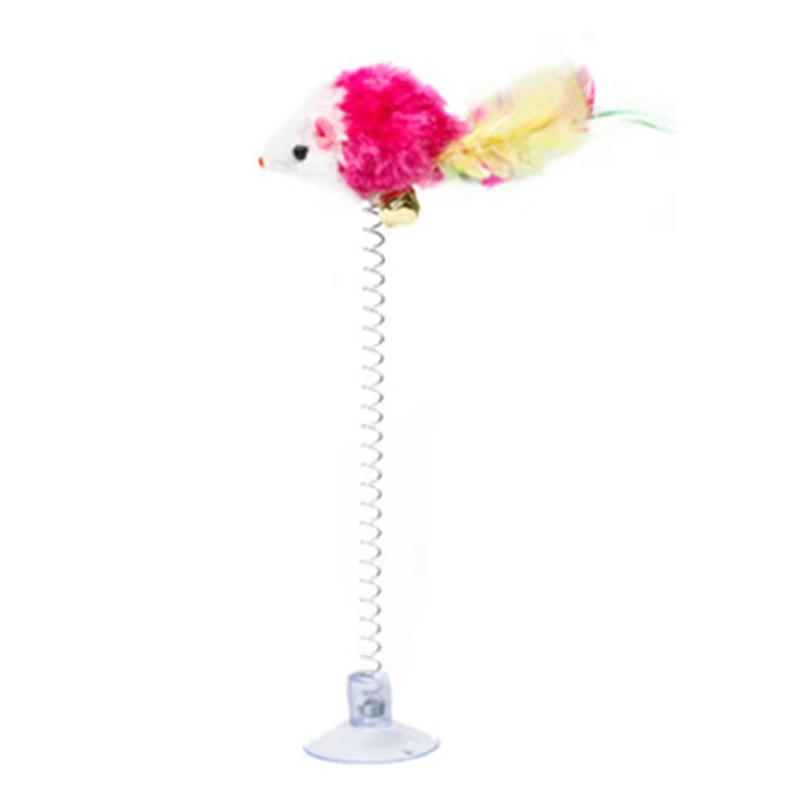 Keep your cat active with this interactive spring mouse toy and suction cup base.