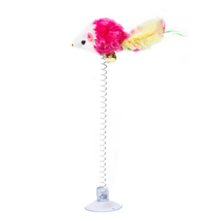 Keep your cat active with this interactive spring mouse toy and suction cup base.