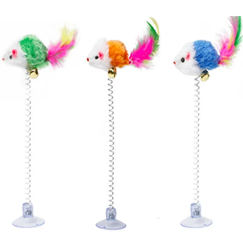 Durable suction cup springy mouse pet toy for active cat play.