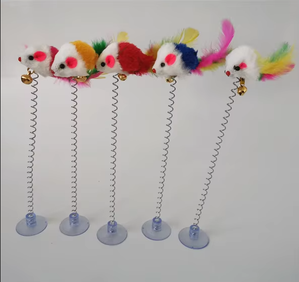 Engaging spring mouse toy with strong suction base for feline fun.