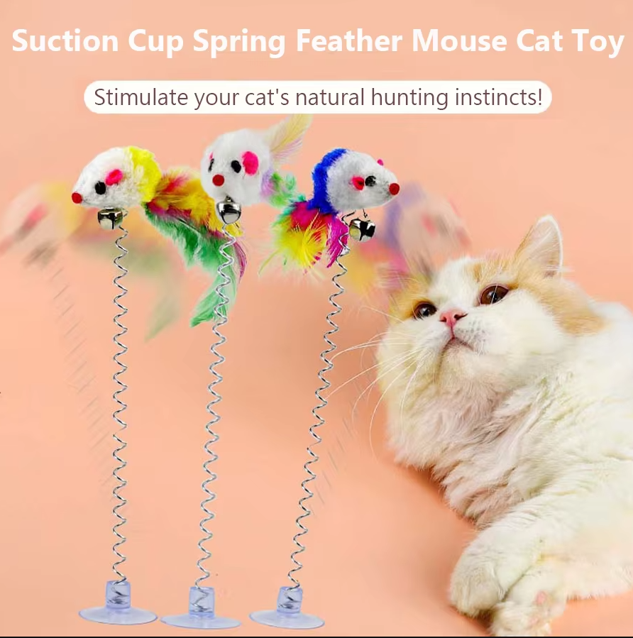 Solo play interactive mouse cat toy featuring a flexible spring and suction cup.