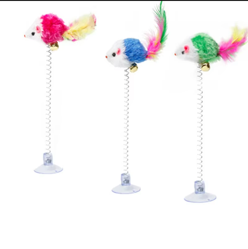 Stimulating spring mouse cat toy for mental and physical enrichment, suction cup.