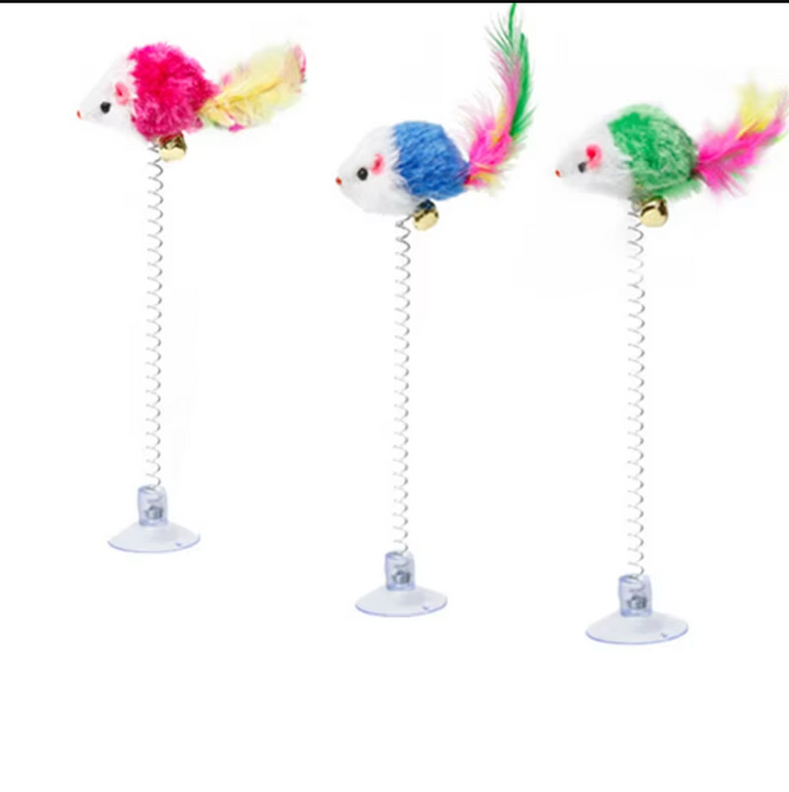 Stimulating spring mouse cat toy for mental and physical enrichment, suction cup.