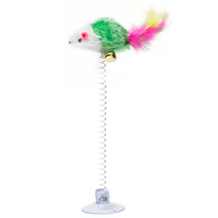 Fun spring action mouse cat toy, attaches securely with a powerful suction cup.