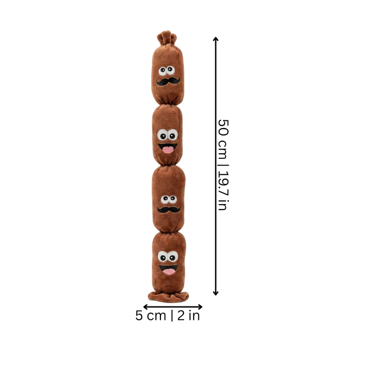 Durable plush sausage dog toy with squeaker, perfect for chewers and interactive play sessions.