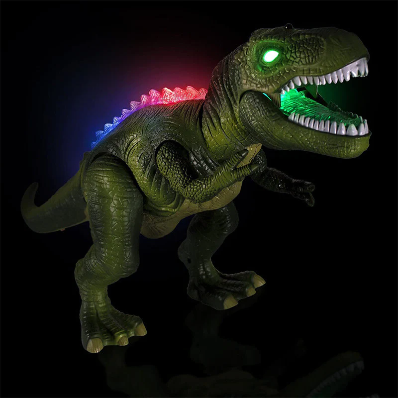 Interactive walking dinosaur toy for kids with roaring sound effects and LED lights.