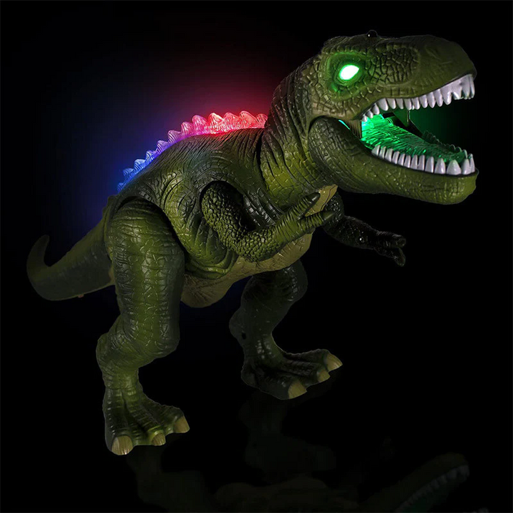 Interactive walking dinosaur toy for kids with roaring sound effects and LED lights.