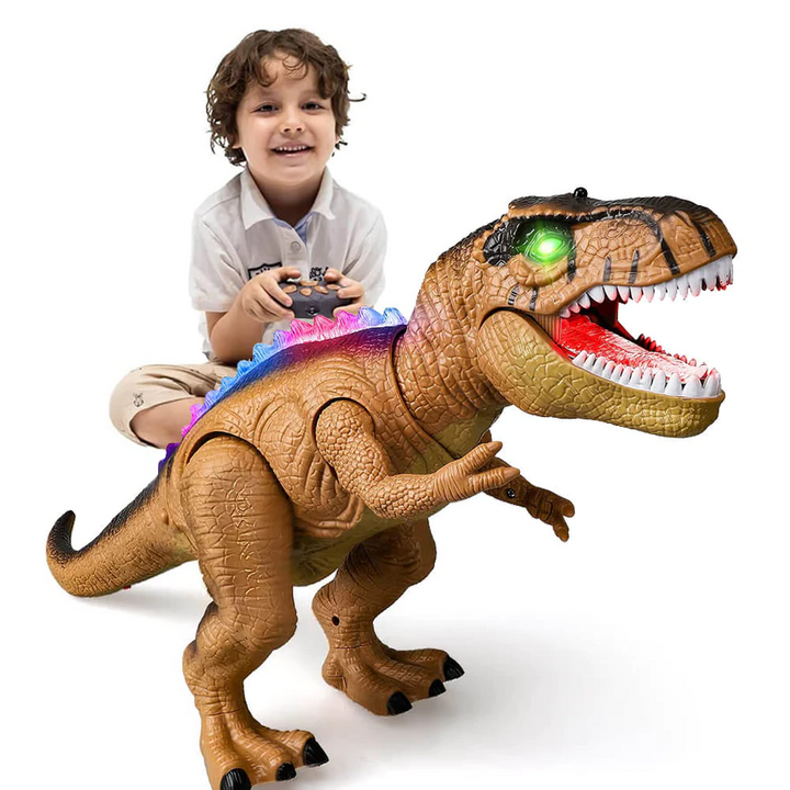 Remote control dinosaur toy for children, featuring realistic walking and flashing lights.
