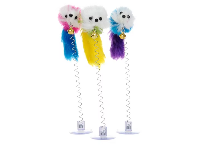Cute feather mouse cat toy with a flexible wiggling spring and powerful suction cup for endless pet fun.