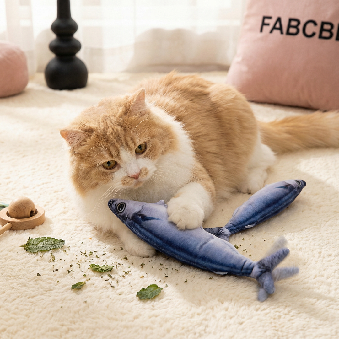 Interactive wiggly fish cat toy for stimulating feline play & exercise.