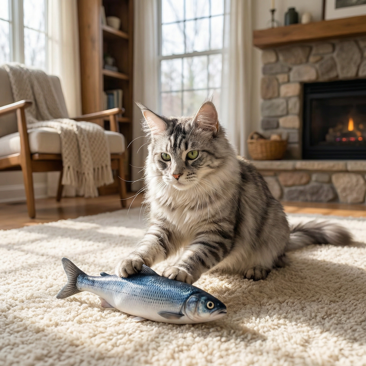 Motion-activated wiggly fish cat toy, perfect for engaging indoor cats' hunting instincts.