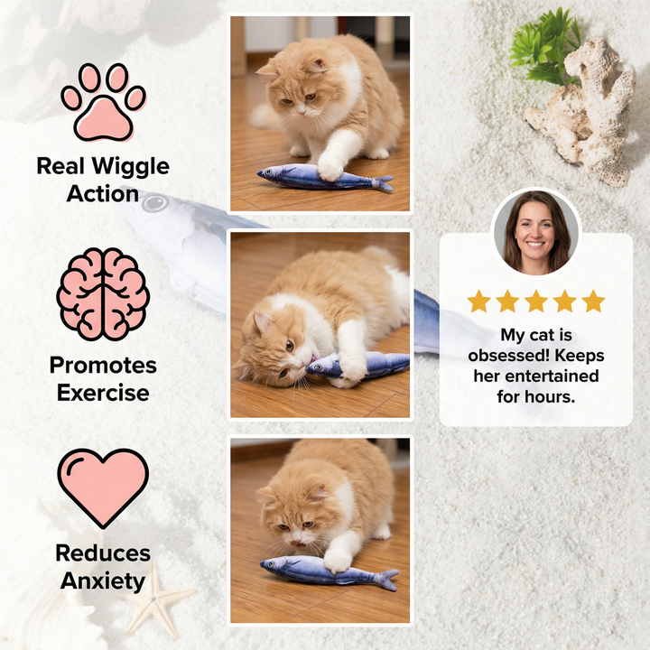 Wiggling fish cat toy designed to encourage exercise & satisfy indoor cats' natural hunting drive.