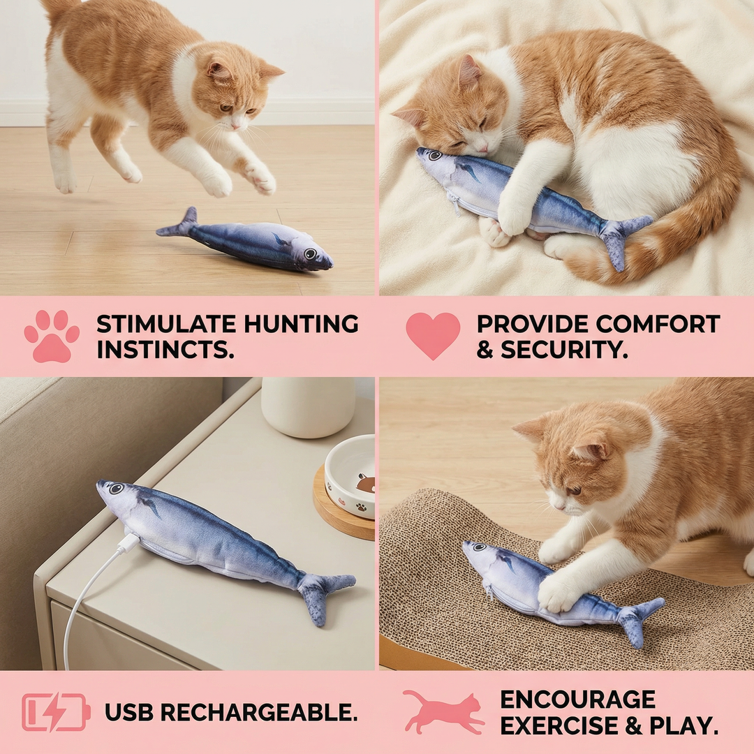 Realistic wiggly fish cat toy with built-in motion, ideal for interactive feline fun & exercise.