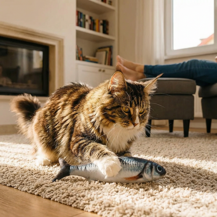 Motion sensor wiggly fish cat toy for endless feline play, exercise & satisfying hunting instincts.