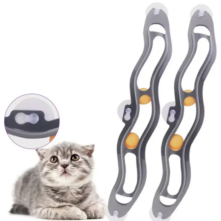 Unisex window mounted cat toy track with rolling balls, providing engaging play for kittens & adult cats.