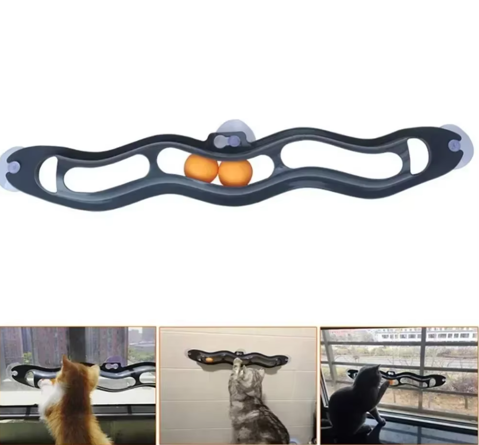 Feline enrichment window cat play track with suction cups, keeping your indoor cat entertained with movable balls.