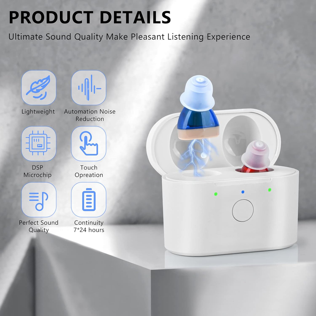 Digital invisible hearing aids, unisex and rechargeable. Offers personal sound amplification for auditory support.