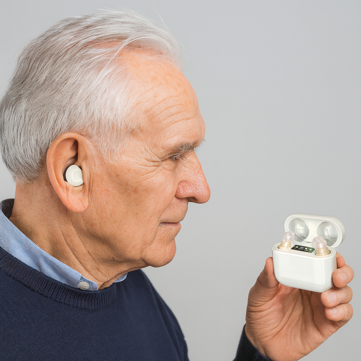 Invisible rechargeable hearing aid, discreetly enhancing sound clarity for improved communication & assistive listening.