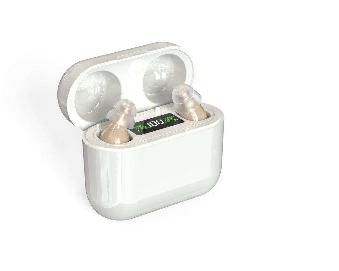 Compact, invisible ear device & sound amplifier, offering comfortable, discreet hearing support & clear communication.
