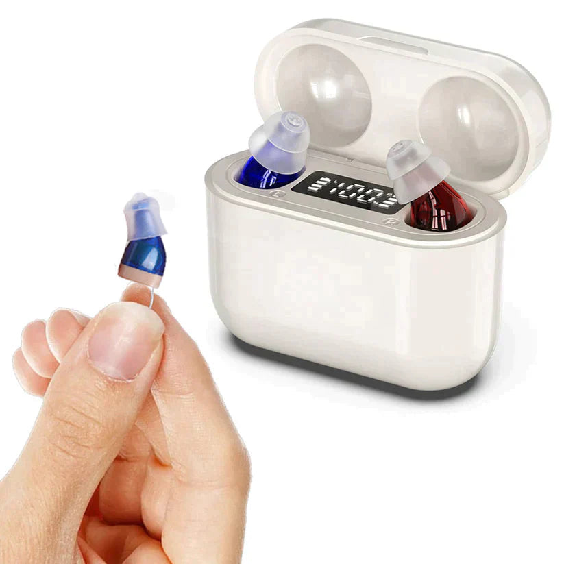 Invisible rechargeable hearing aids for mild-moderate hearing loss, discreet design.