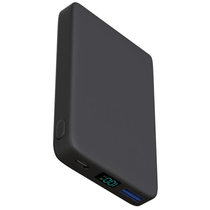 Sleek magnetic iPhone charger, a compact wireless power bank for on-the-go charging.