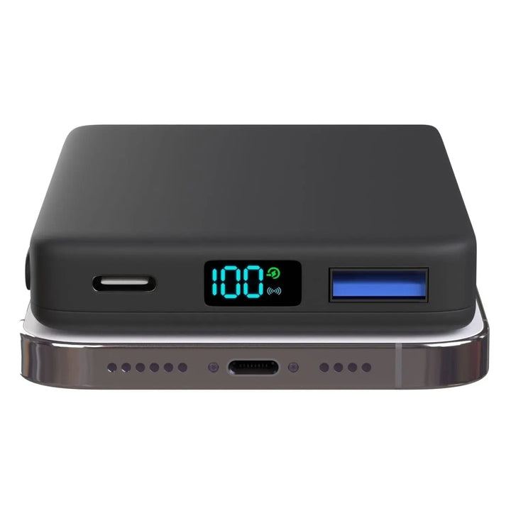 Securely charge your iPhone wirelessly with this magnetic power bank travel accessory.