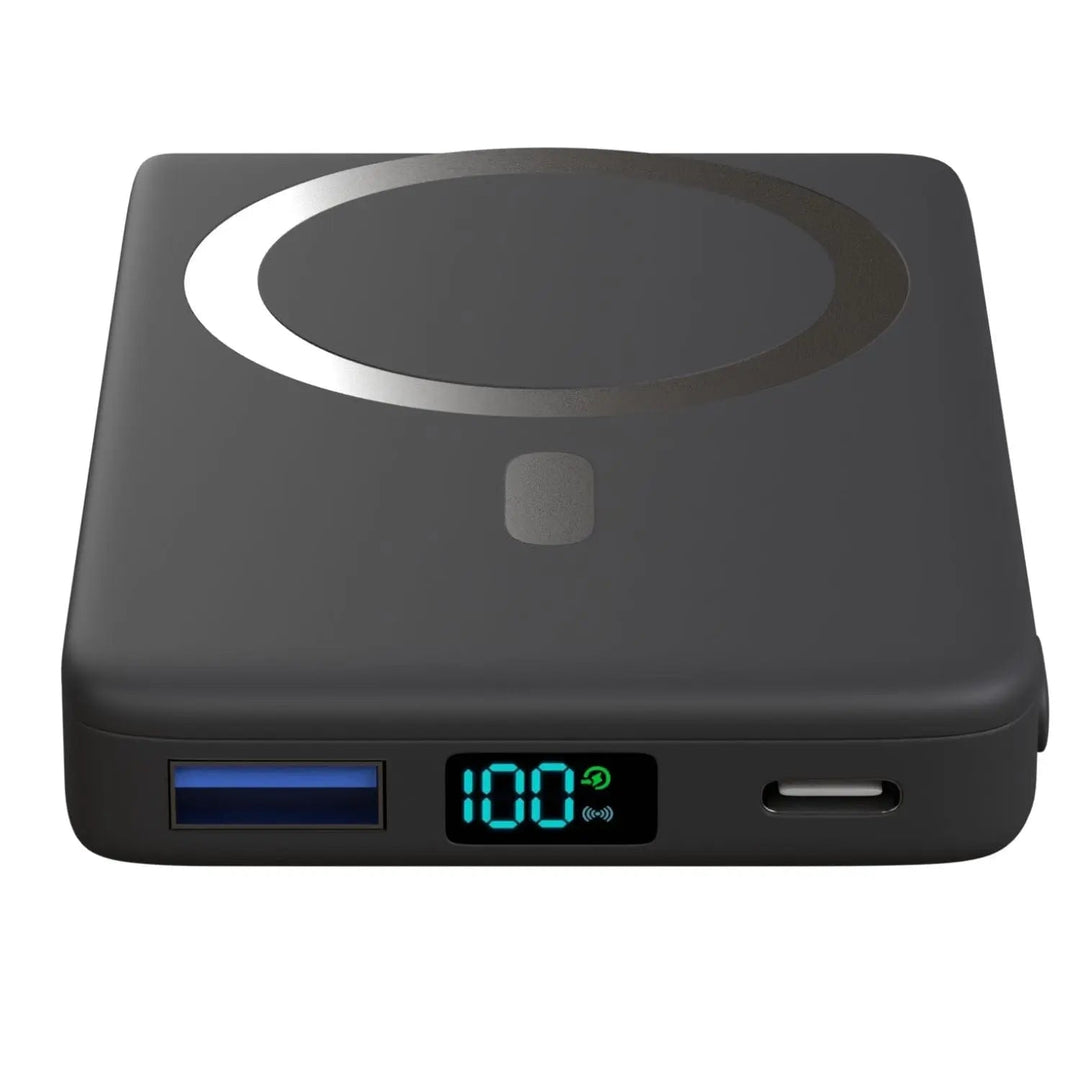Portable external battery with magnetic snap, ideal for wireless iPhone charging.