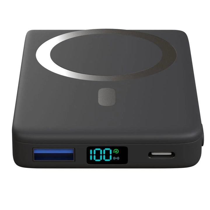 Portable external battery with magnetic snap, ideal for wireless iPhone charging.