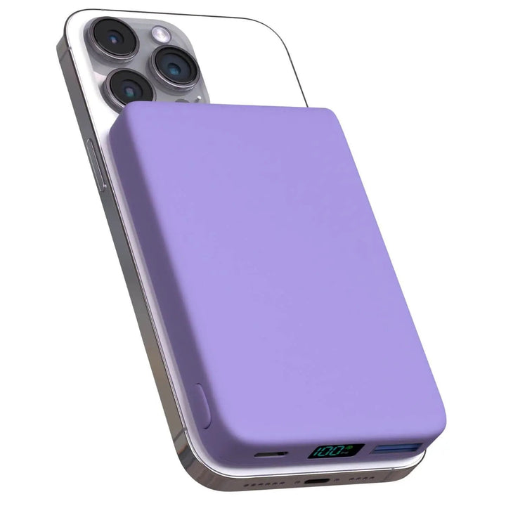Slim magnetic power bank designed for wireless iPhone charging, a true travel accessory.
