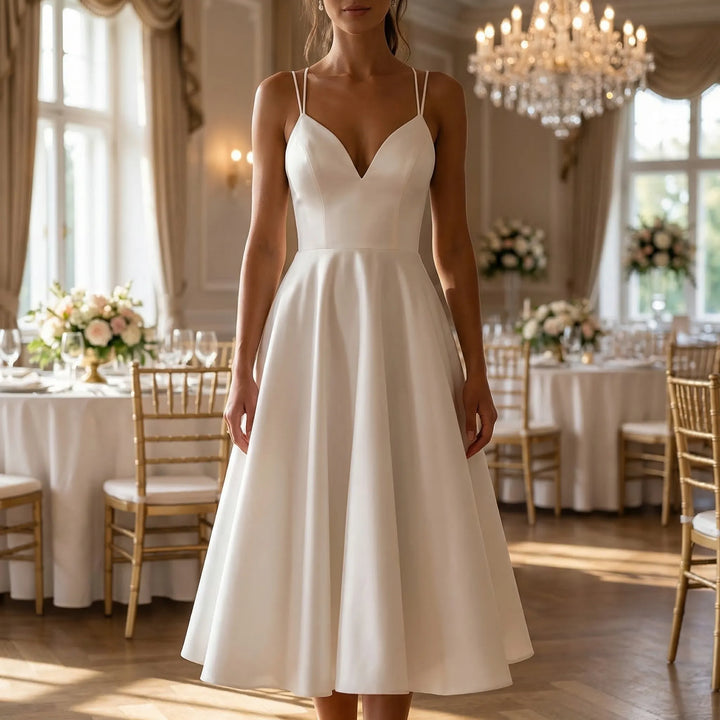 Ivory strappy midi dress with elegant sweetheart neckline for weddings.