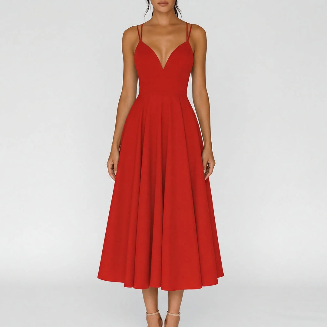 Chic A-line formal dress with sweetheart neckline and delicate spaghetti straps.