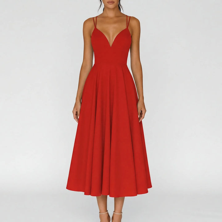 Chic A-line formal dress with sweetheart neckline and delicate spaghetti straps.