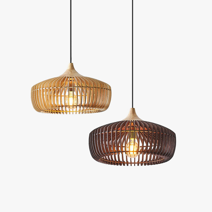 Japandi wood pendant light with minimalist slatted design, ideal for serene living rooms & natural home decor.