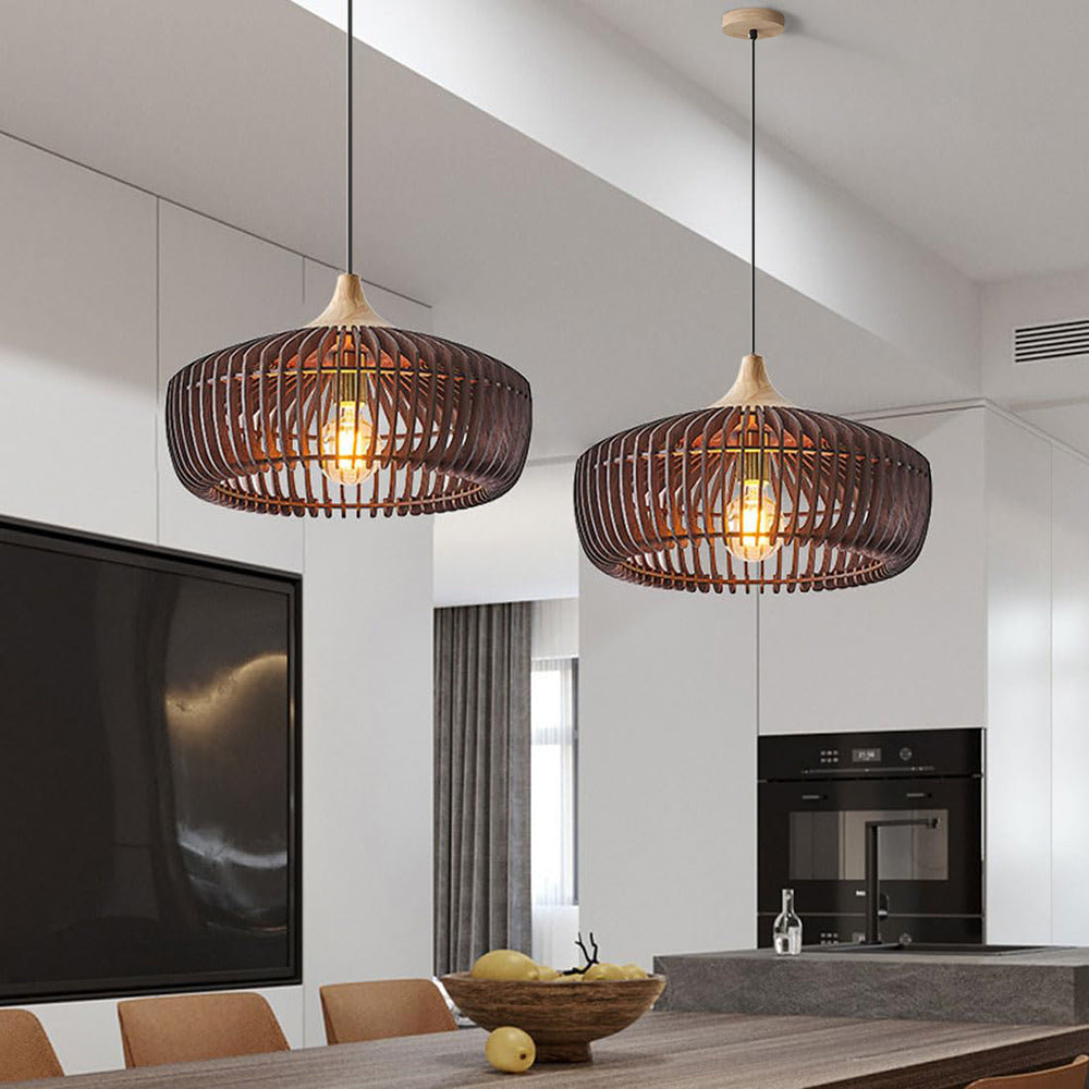Modern Japandi wooden slatted pendant light, perfect for Scandinavian minimalist bedroom & dining room lighting.